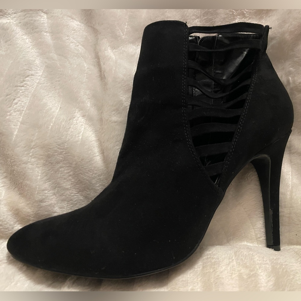 Black Suede High Heel Ankle Boot with Cutout Detail